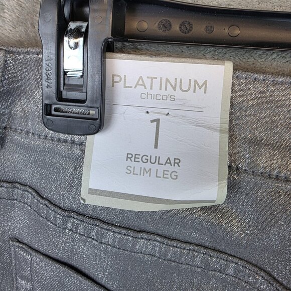 Chicos Platinum Jeans Womens 8 Regular Silver Metallic Slim Leg Denim Pants - Picture 9 of 14